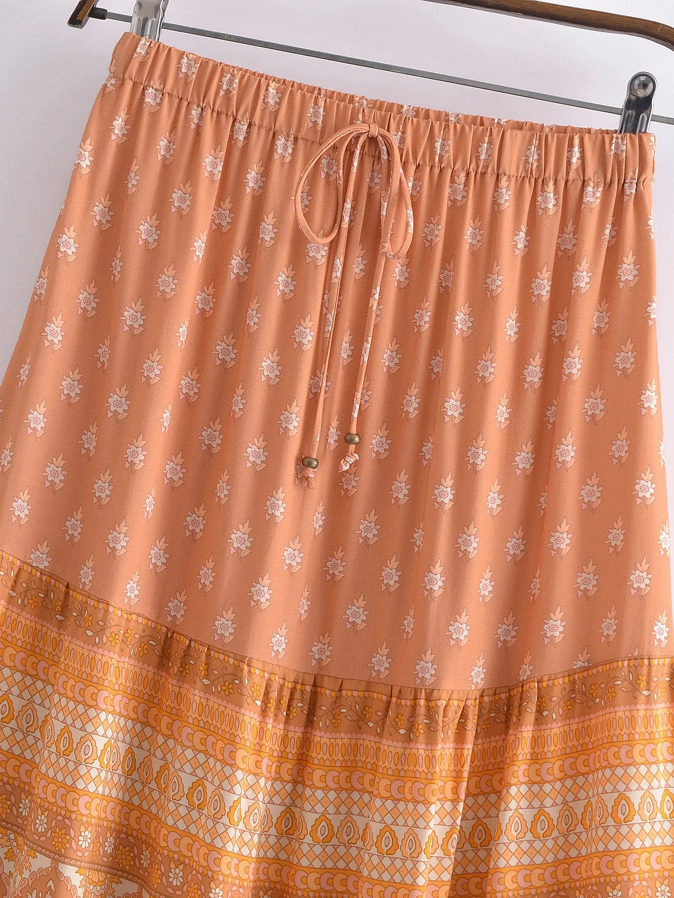 2022 BOHO Orange Flower Print Long Skirt Spliced Ruched Ruffle Hem Hippie Women Ball Tassel Bow Waist Swing Skirts Holiday