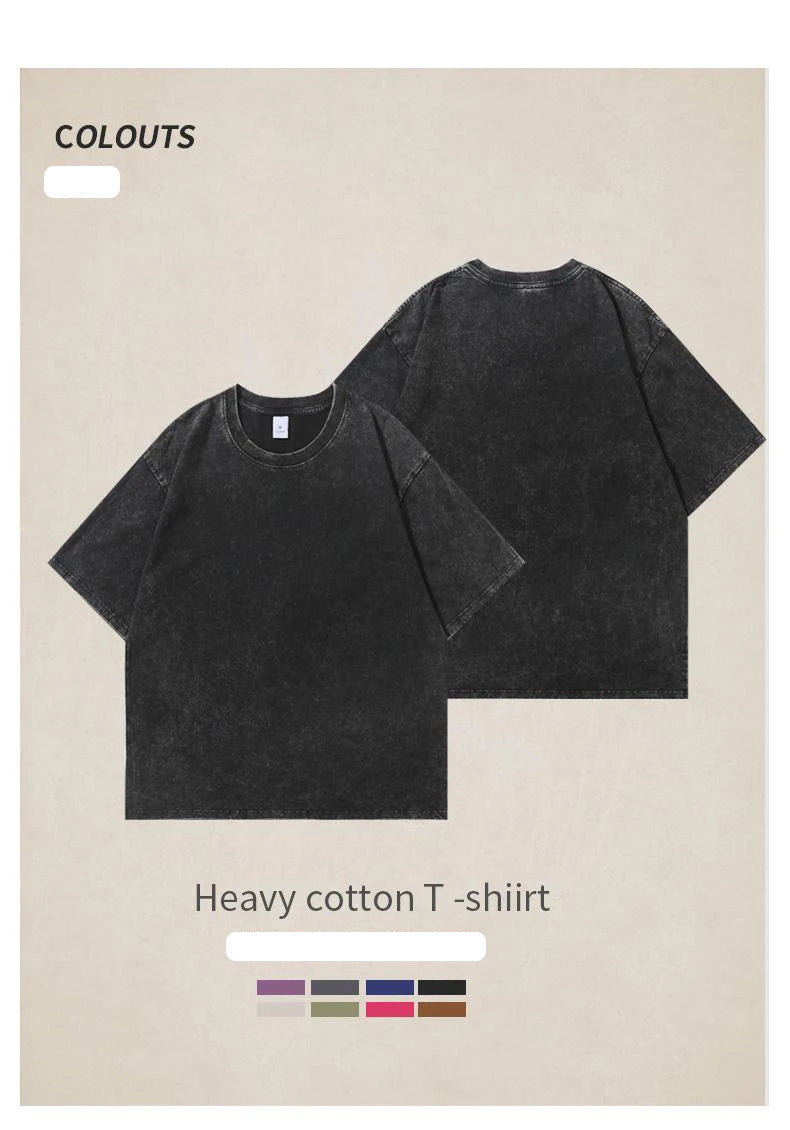 Washed Vintage T-Shirts Men's Street Hip Hop Retro Punk T Shirt Harajuku Casual 250gsm Cotton Short Sleeve Acid Wash TShirts Top