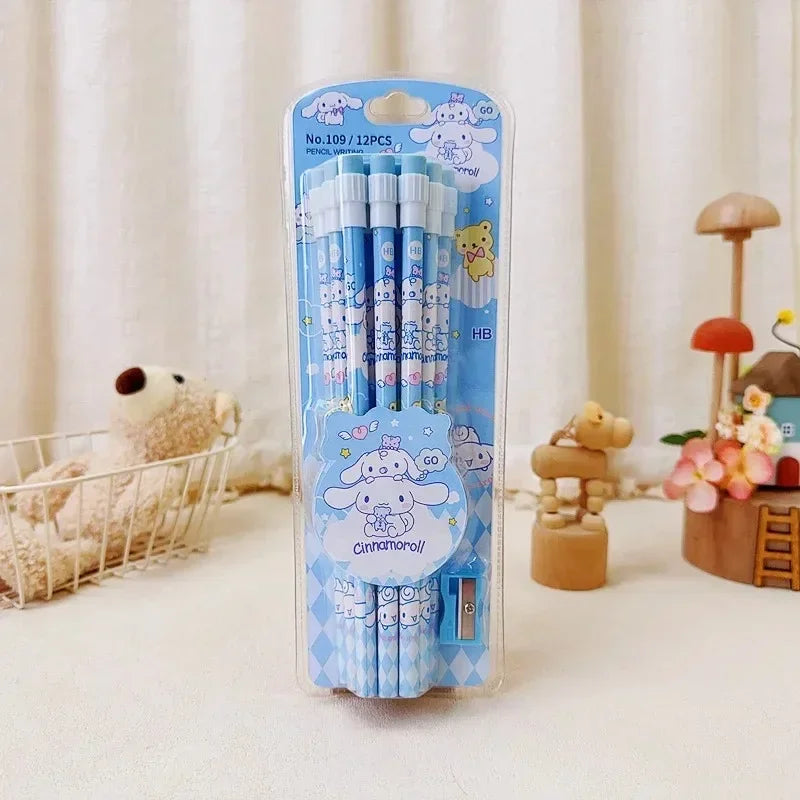 Sanrio Magic Pencil Set – 12 Cute HB Pencils + 1 Roller Box Featuring Cinnamoroll & Kuromi for Writing & Drawing Fun