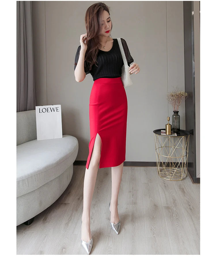 Seoulish 2024 New Spring Summer Mid length Women's Skirt Elegant Office Lady Style Solid Split Mid Length Skirts Female