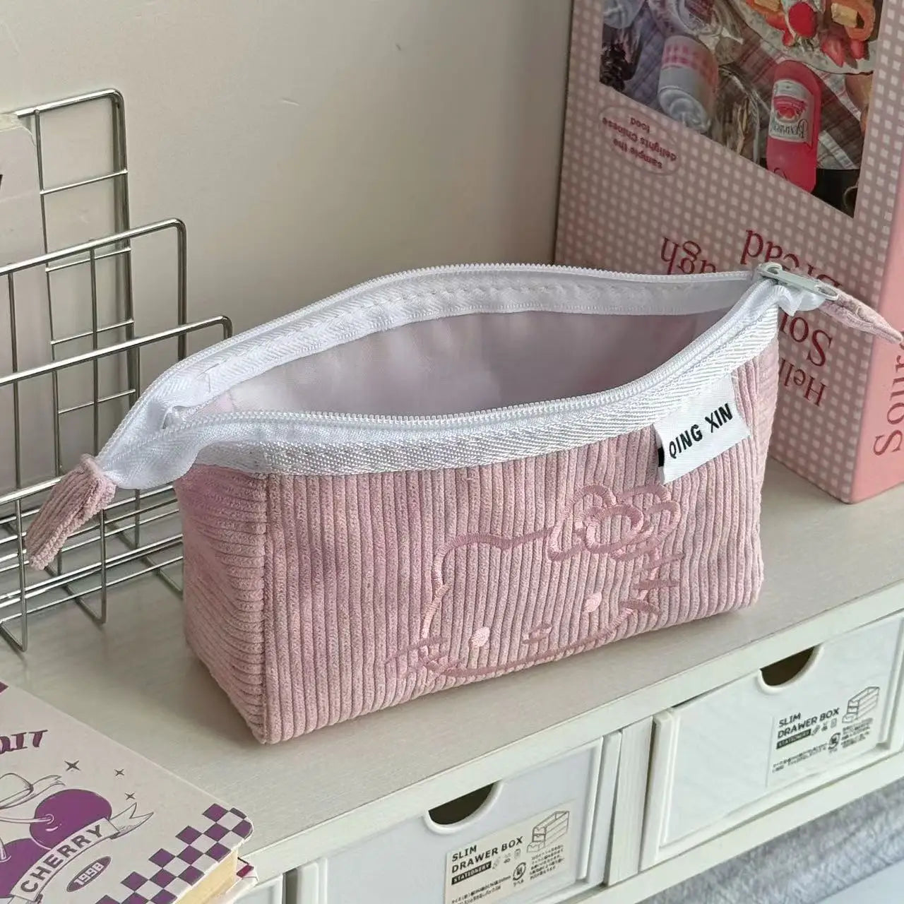 Hello Kitty Corduroy Pencil Case – 2-Layer Sanrio Stationery Organizer