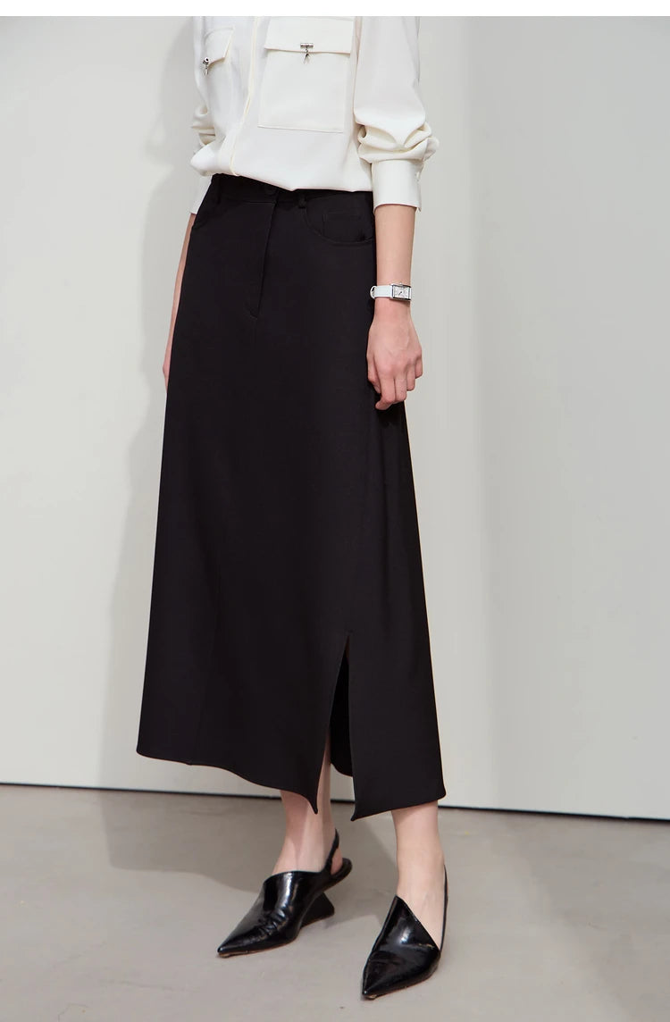 Amii Minimalist Spring New Commuter Asymmetrical Oblique Placket Split Skirt Non Ironing Anti Wrinkle A Shape Skirt 12551003