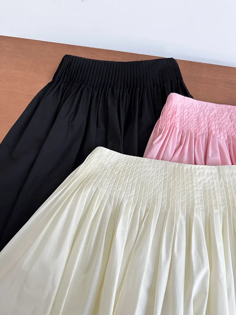 Elegant High-Waisted Pink A- Line Skirt Sweet Umbrella Design Sensibility Plenty of Pleats Medium-Length Women's Fashion