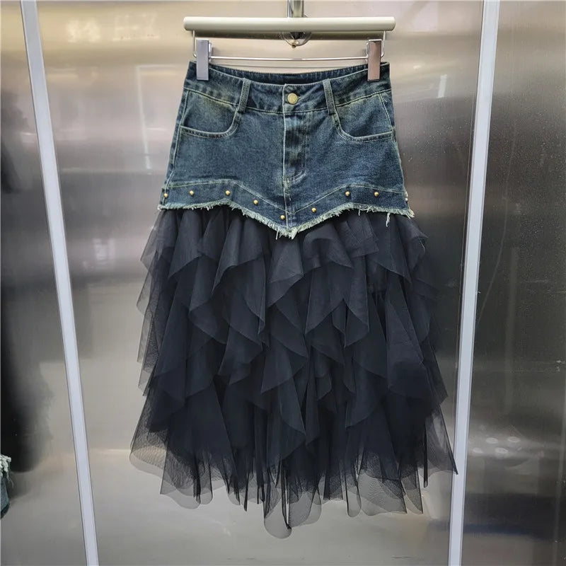 DEAT 2024 Autumn New Fashion Women's Mesh Splicing Denim Skirts High Waist A-line Irregular Long Skirt Female Trendy 33A1734