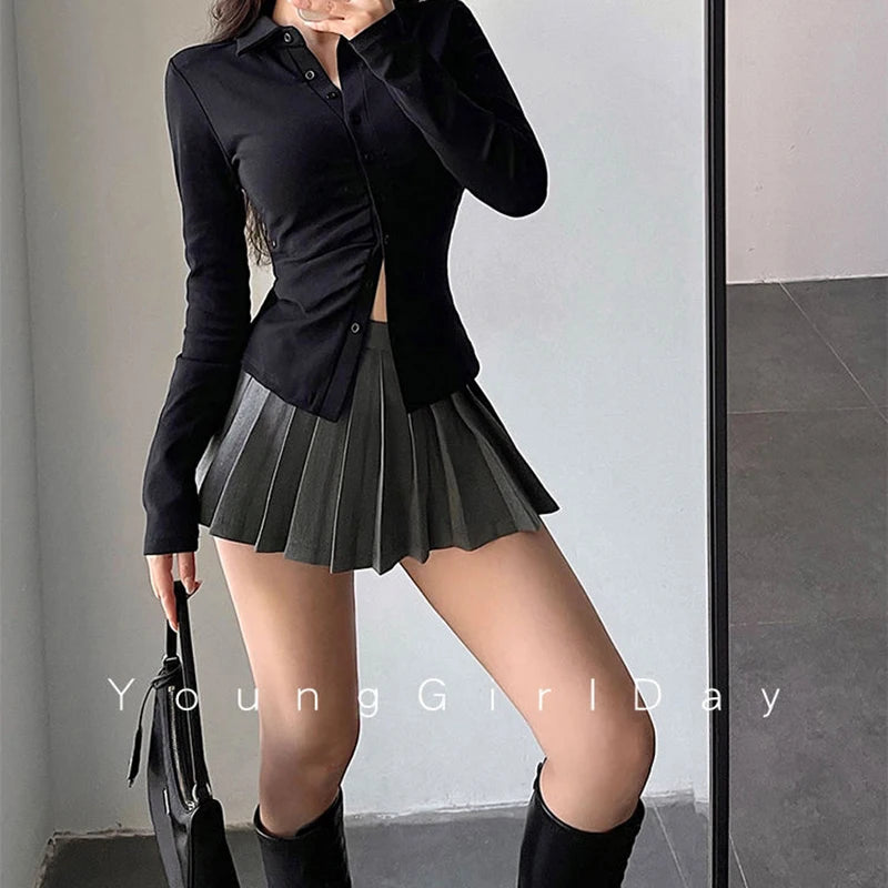 ZOKI Pleated Skirt with Shorts Women Sexy High Waist Irregular White Black A-line Gyaru Tennis extreme Mini Skirt School