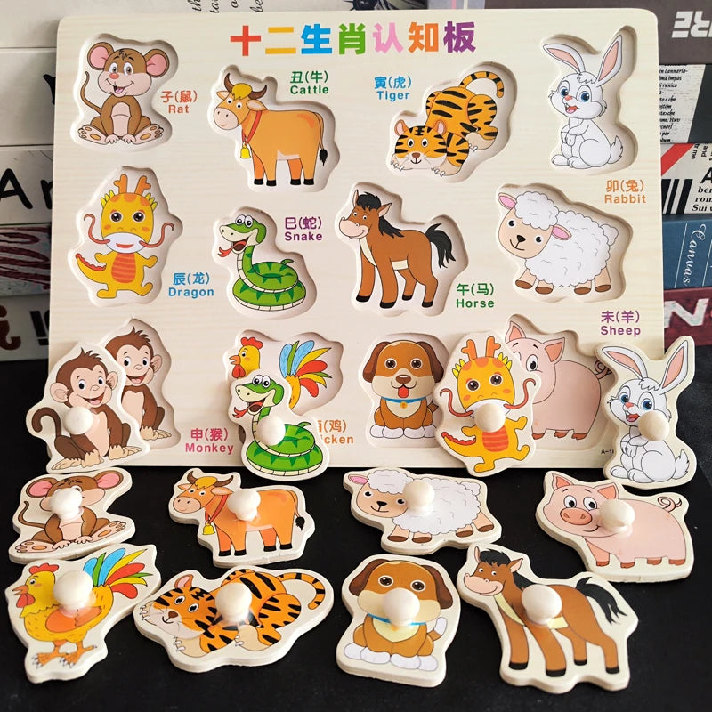 Montessori Baby Toys Wooden 3d Puzzle Cartoon Animal Intelligence Jigsaw Puzzle Early Learning Educational Toys for Children