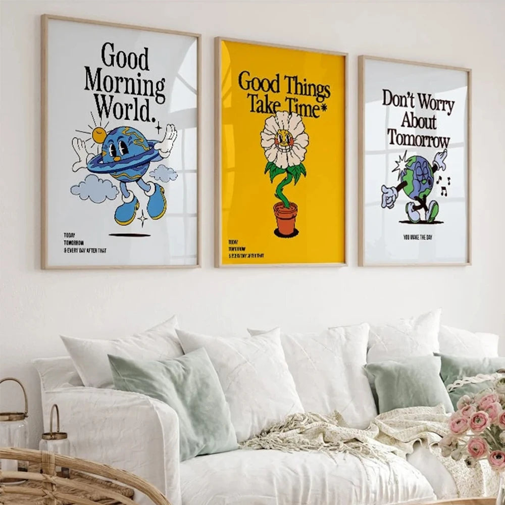Retro Earth Flower Good Morning Motivational Quotes Gifts Wall Art Prints Canvas Painting Poster Pictures Living Room Home Decor