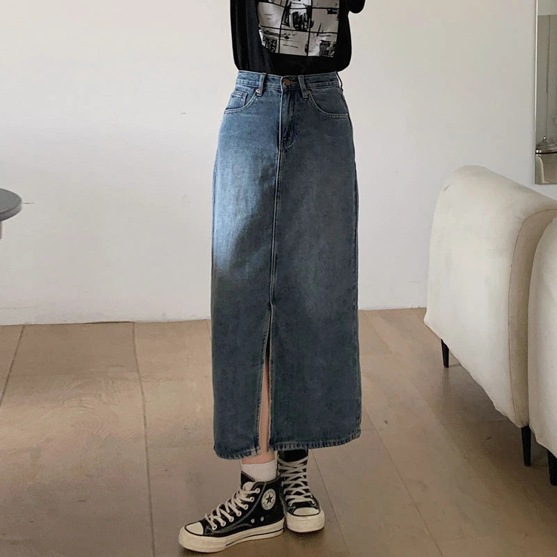 Women's Denim Wrap Skirts Retro High Waisted Split A-line Denim Skirt Autumn Fashion Straight Skirt Female