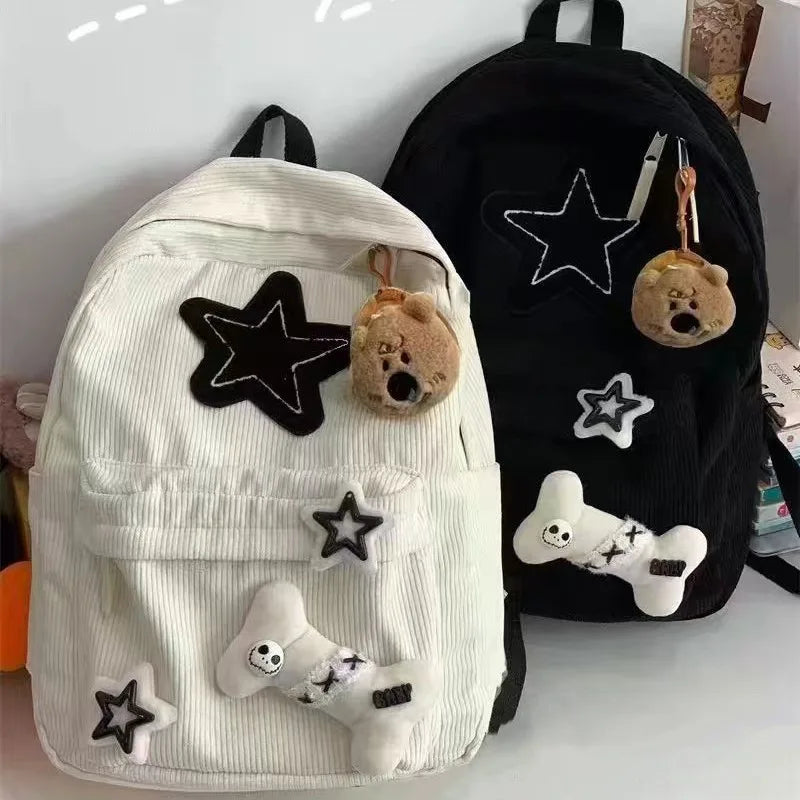 Starry Y2K Corduroy Backpack – Big Space, Bold Style for Trendy Teens!