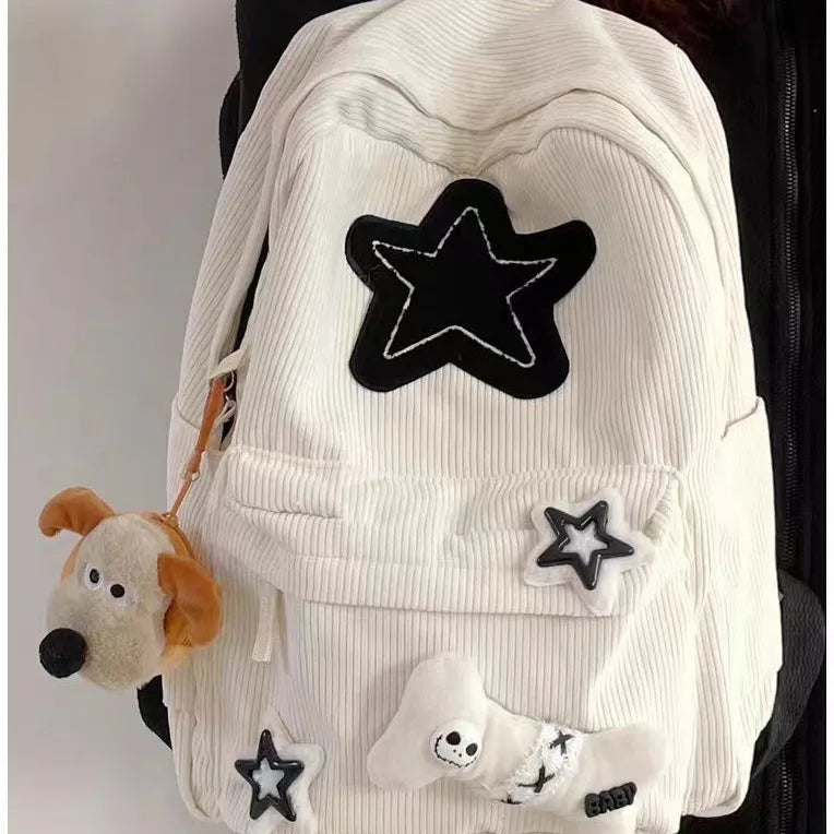 Starry Y2K Corduroy Backpack – Big Space, Bold Style for Trendy Teens!
