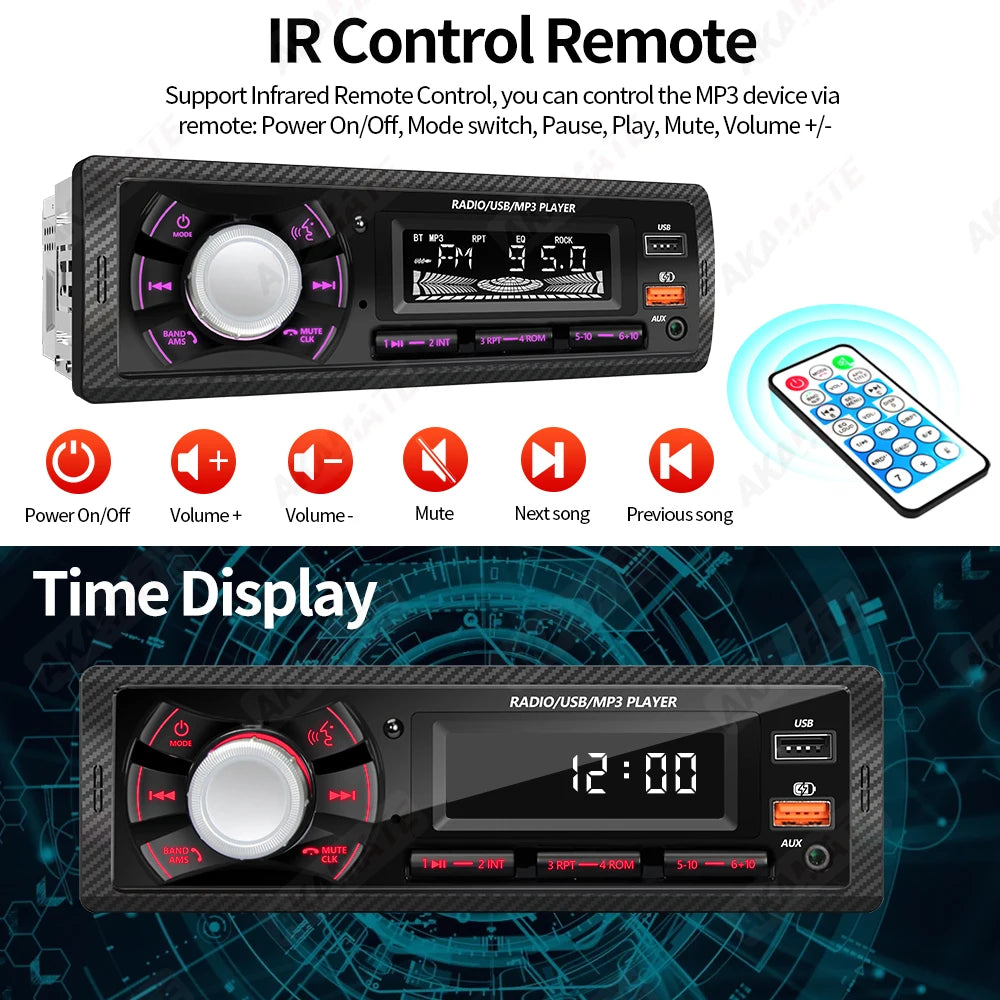 1 Din Car Radio MP3 Multimedia Player FM Radio Bluetooth AUX USB Support Phone Charging Colorful Light Display Stereo Autoradio