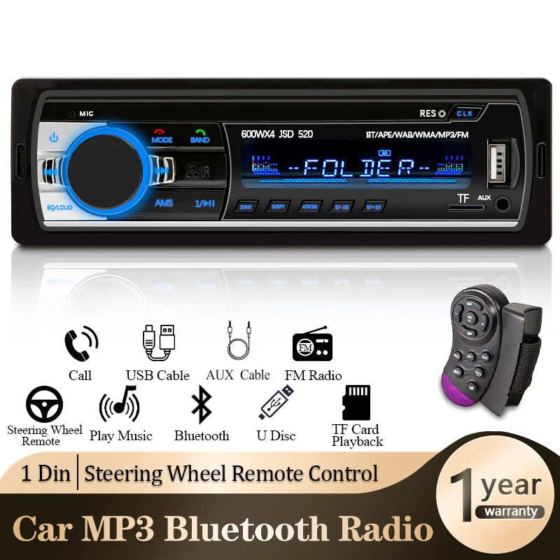Car Radio 1 din Stereo Multimedia MP3 Player Digital Bluetooth FM ISO Power Aux Input USB Bluetooth Universal Autoradio