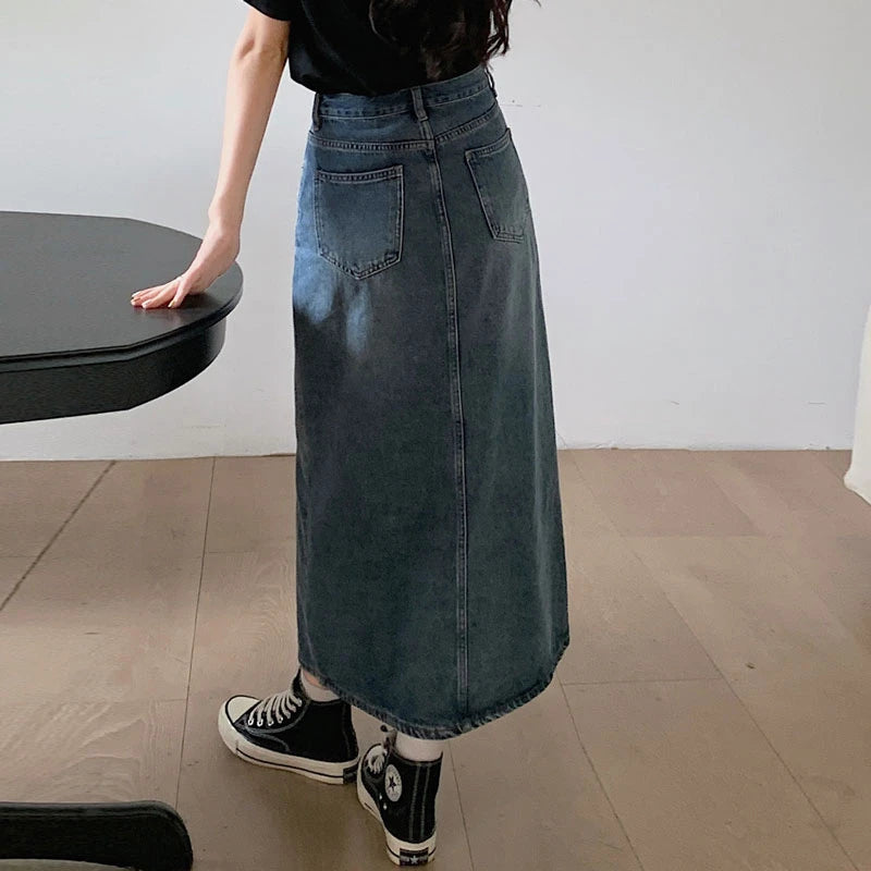 Women's Denim Wrap Skirts Retro High Waisted Split A-line Denim Skirt Autumn Fashion Straight Skirt Female
