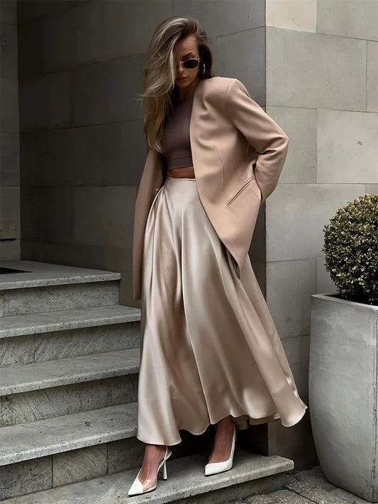 Elegant Satin Loose Women Skirt 2025 High Waist Maxi Skirts Streetwear Classic Long Skirt Fashion Female Black Skirt