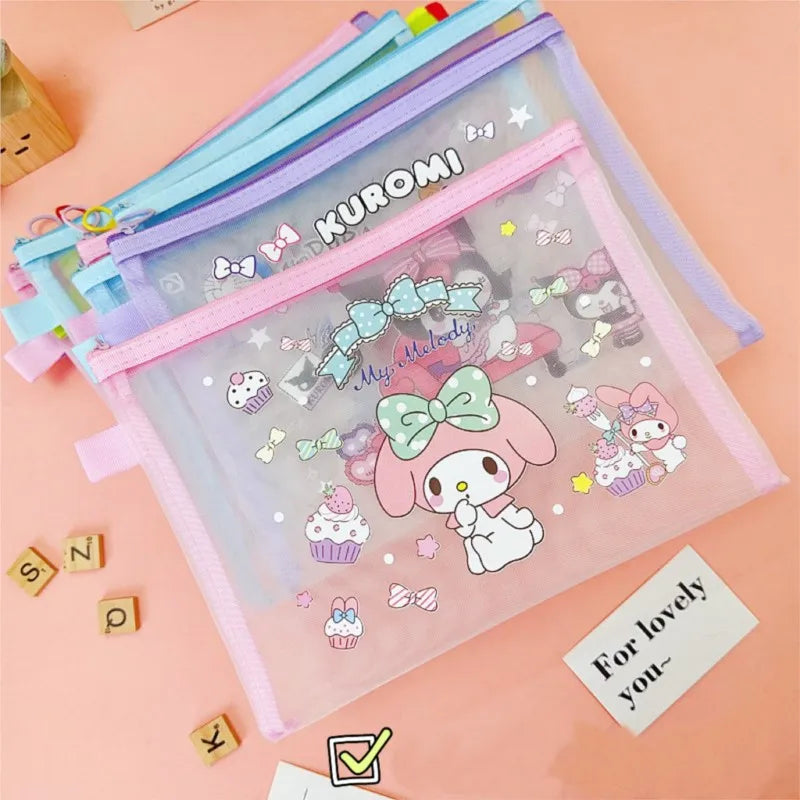Sanrio A5 Mesh Zipper Pouch – Cute Melody, Kuromi & Cinnamoroll Document Organizer for School & Stationery Fans