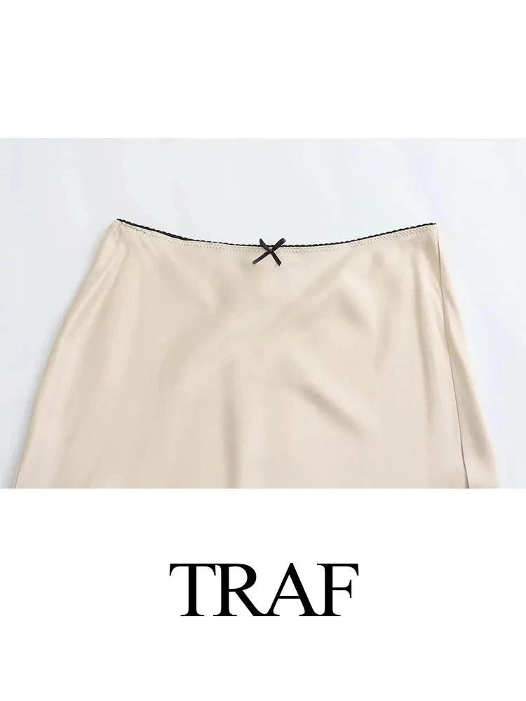 TRAFZA Women Satin Skirt High Waist Midi Skirt Stylish Long Skirts For Women Fashion Chic And Elegant Woman Skirt Streetwear