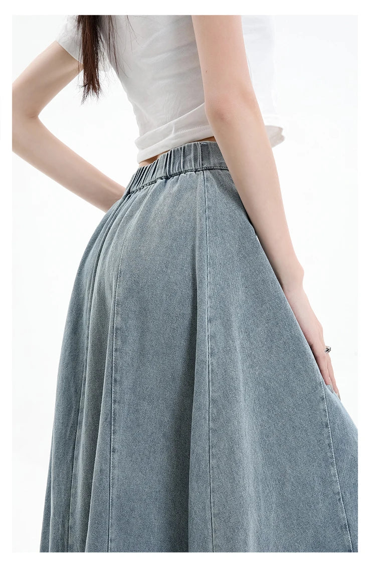 Long Denim Skirt Women 2024 Spring Summer New Arrivals High Elastic Waist A Line Jeans Skirts Korean Fashion Casual Blue Skirts