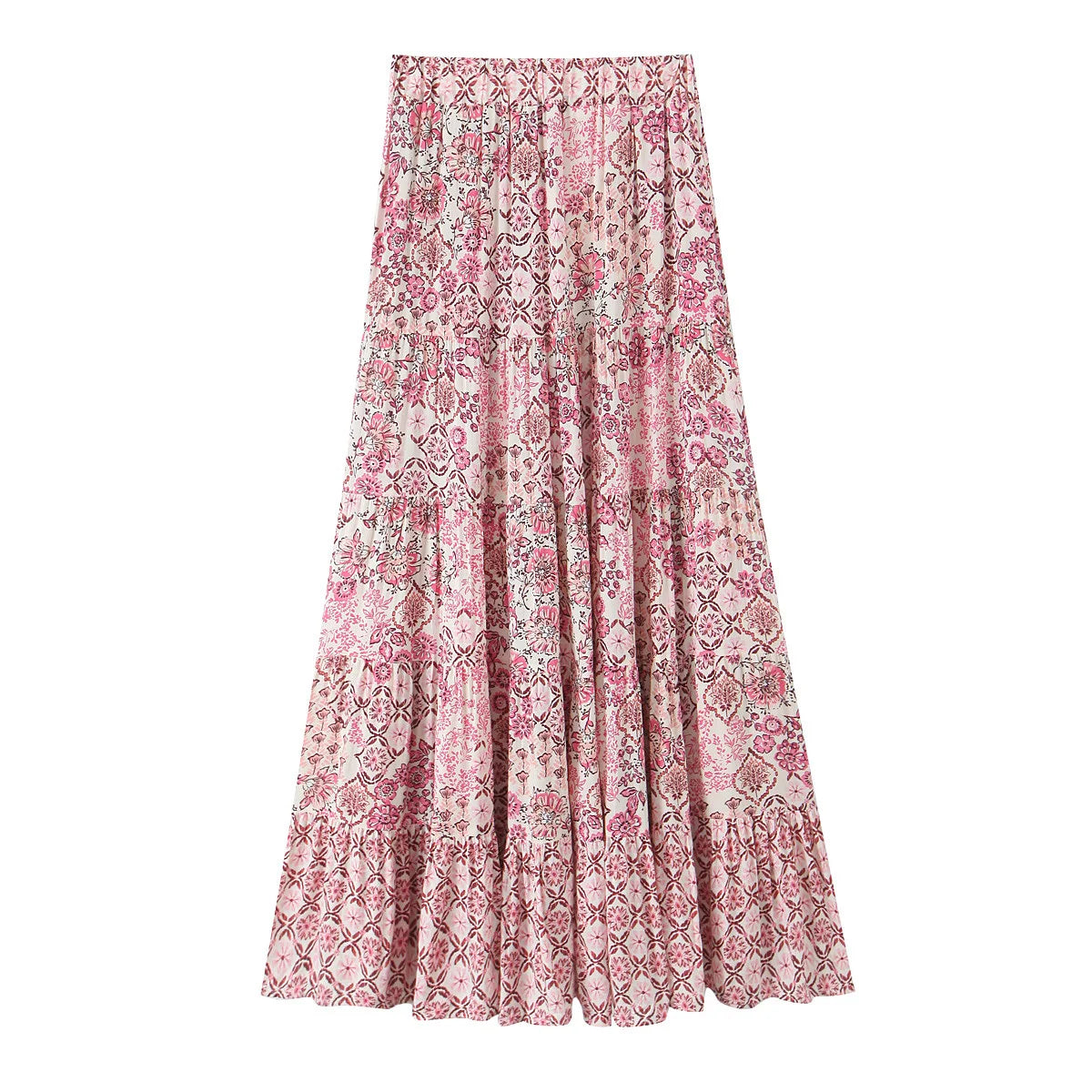 Elegant Women Holiday Wind Floral Print Tirred Ruffles Long Skirt Faldas Mujer Female Summer Elastic Waist Skirts QUN9083