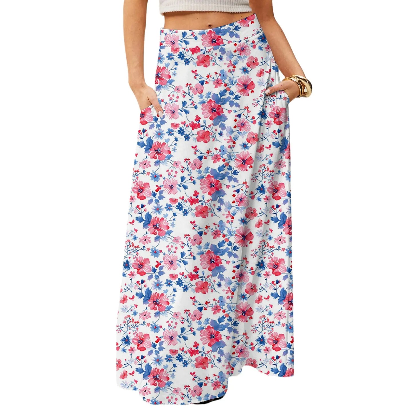 Women's Straight Skirt Casual Summer Floral Print Bohemian Skirt Flowing Maxi Skirts with pockets High waist Elastic skirt