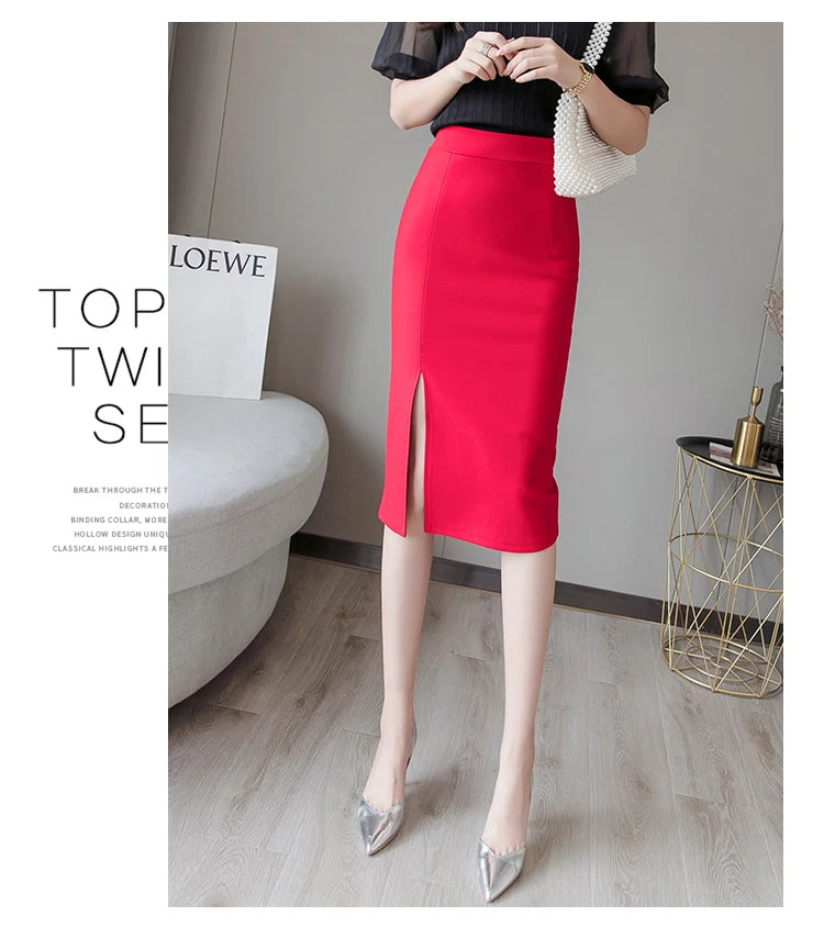 Seoulish 2024 New Spring Summer Mid length Women's Skirt Elegant Office Lady Style Solid Split Mid Length Skirts Female