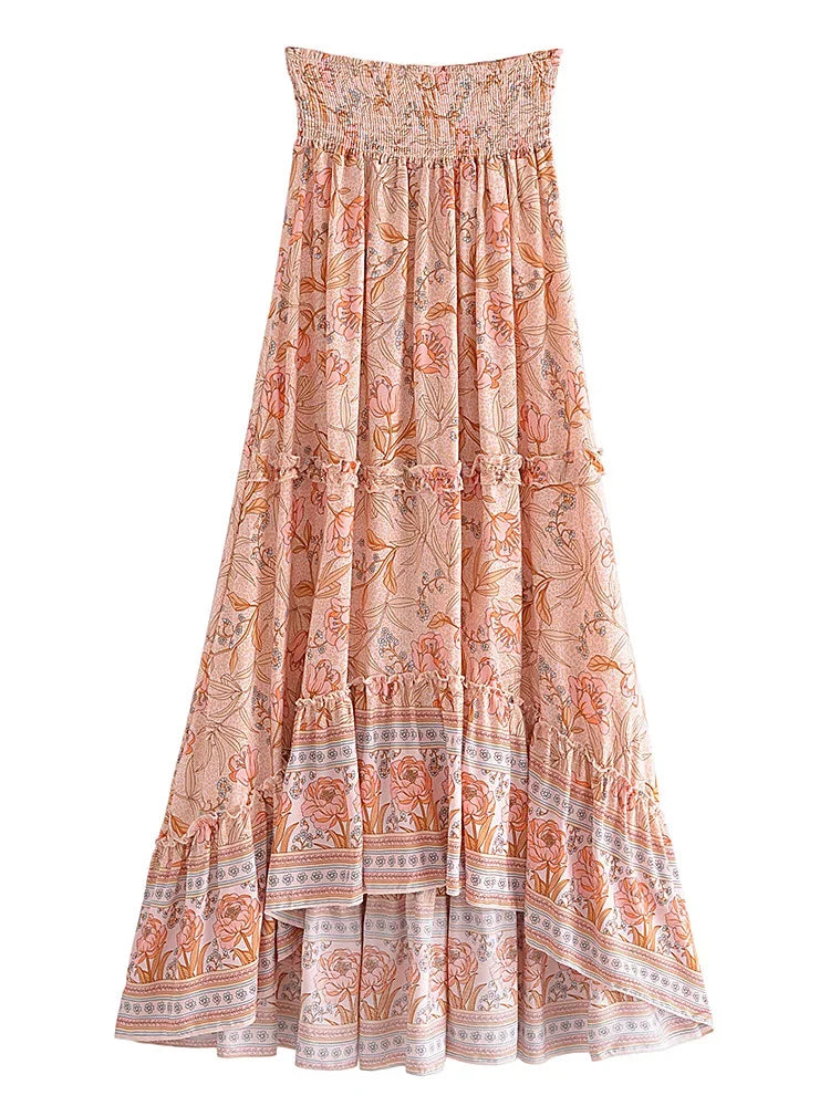 Vintage Chic Summer Fashion Women Floral Print Beach Bohemian Long Skirts High Elastic Waist Maxi  A-Line Boho Skirt Femme