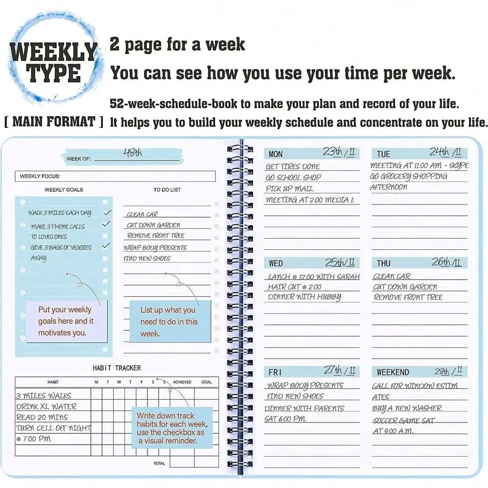 A5 Weekly Planner Coil Daily Planner Simple Stylish Portable Notebook for Study School Office Note-taking Budget Monthly Planner