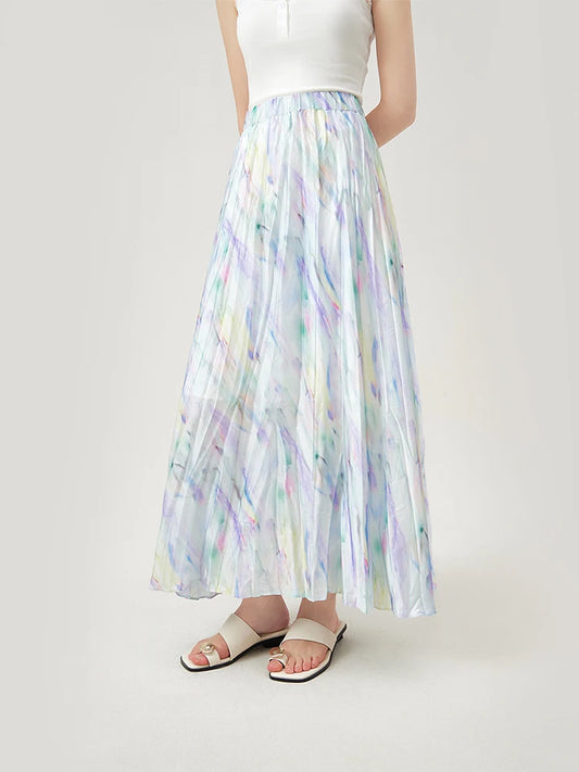 FSLE Long Floral Skirts Elastic Waist High Waist Summer Thin Pleated Ankle-Length Light Blue Women Skirt 24FS12895