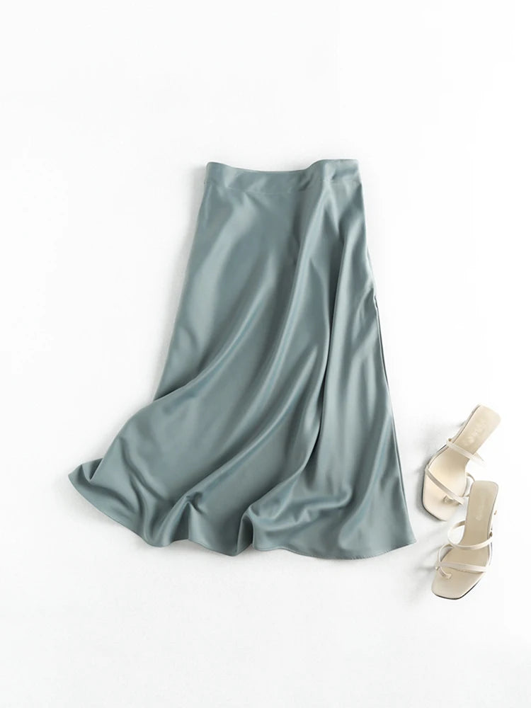 Summer Faldas Mujer Moda 2025 Midi Skirts Womens England Office Lady Satin High Waist Simple Elegant Long Skirt Women