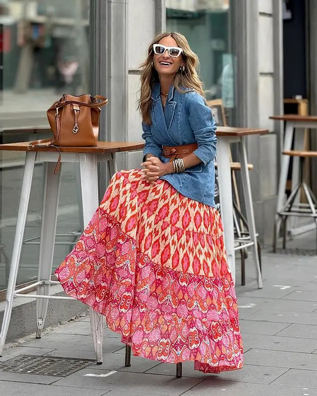 Printed Ruffles A-line Skirt Women Fashion Casual Bohemian Vacation Commuting Style Loose Long Skirts Trendy Female Clothing