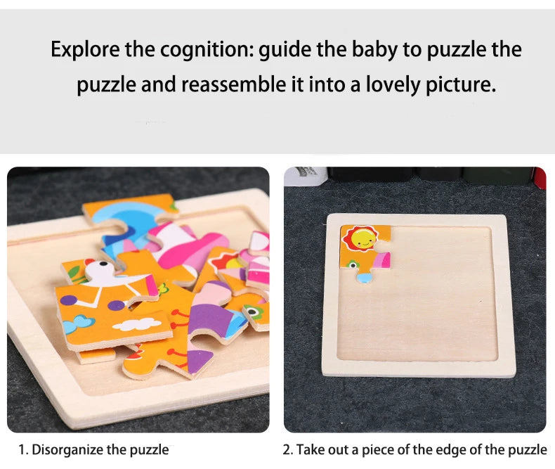 3pcs Puzzle Piece Wooden Children Cartoon Animal Pattern Puzzle Toy For Early Childhood Education 3-7 Years Old