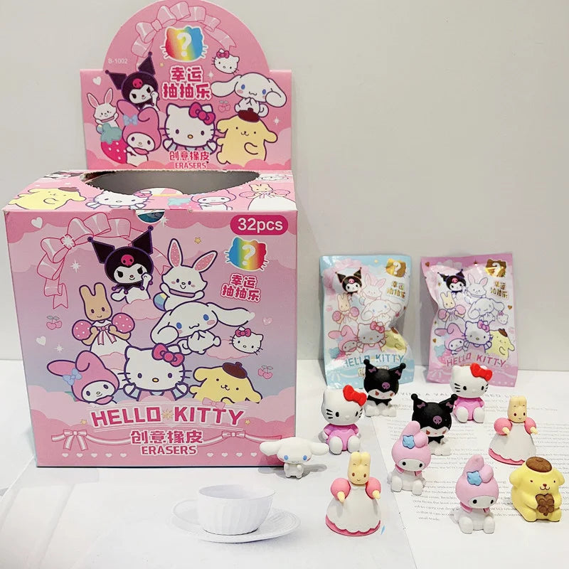 Sanrio Kawaii Eraser Set – 32pcs 3D Cartoon Rubber with Kuromi, Hello Kitty & Friends for Students & School Gift Kits