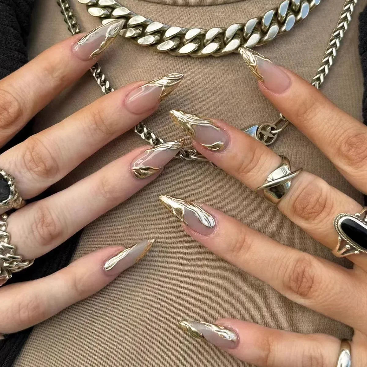 24PCS Almond Stiletto Press-On Nails – French Design with Metallic Shine & Glue Included