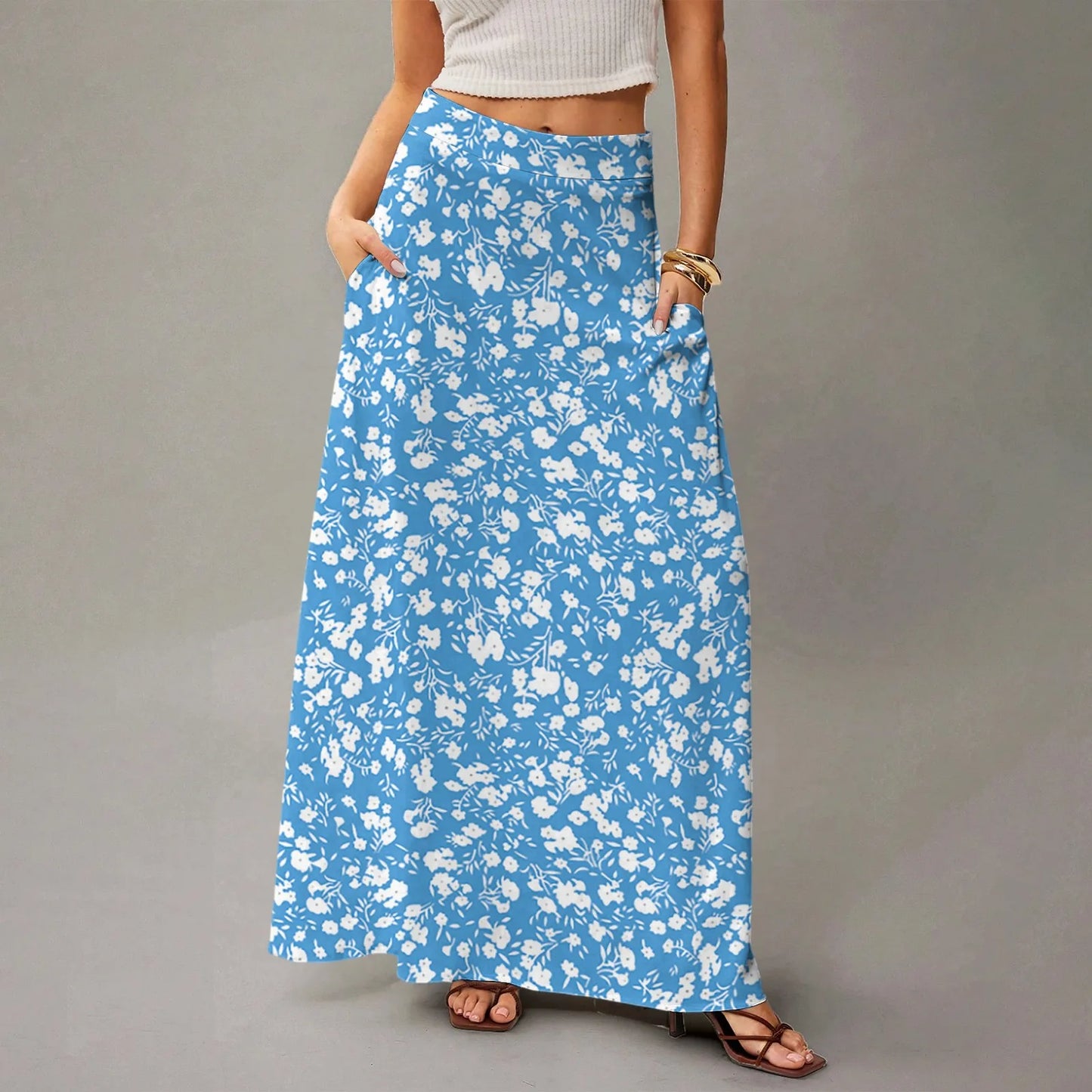 Women's Straight Skirt Casual Summer Floral Print Bohemian Skirt Flowing Maxi Skirts with pockets High waist Elastic skirt
