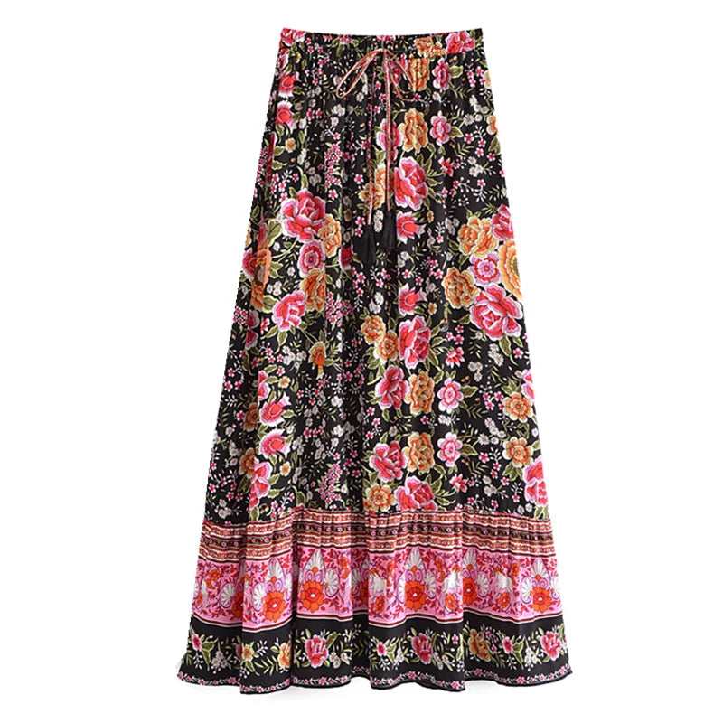 2022 BOHO Orange Flower Print Long Skirt Spliced Ruched Ruffle Hem Hippie Women Ball Tassel Bow Waist Swing Skirts Holiday