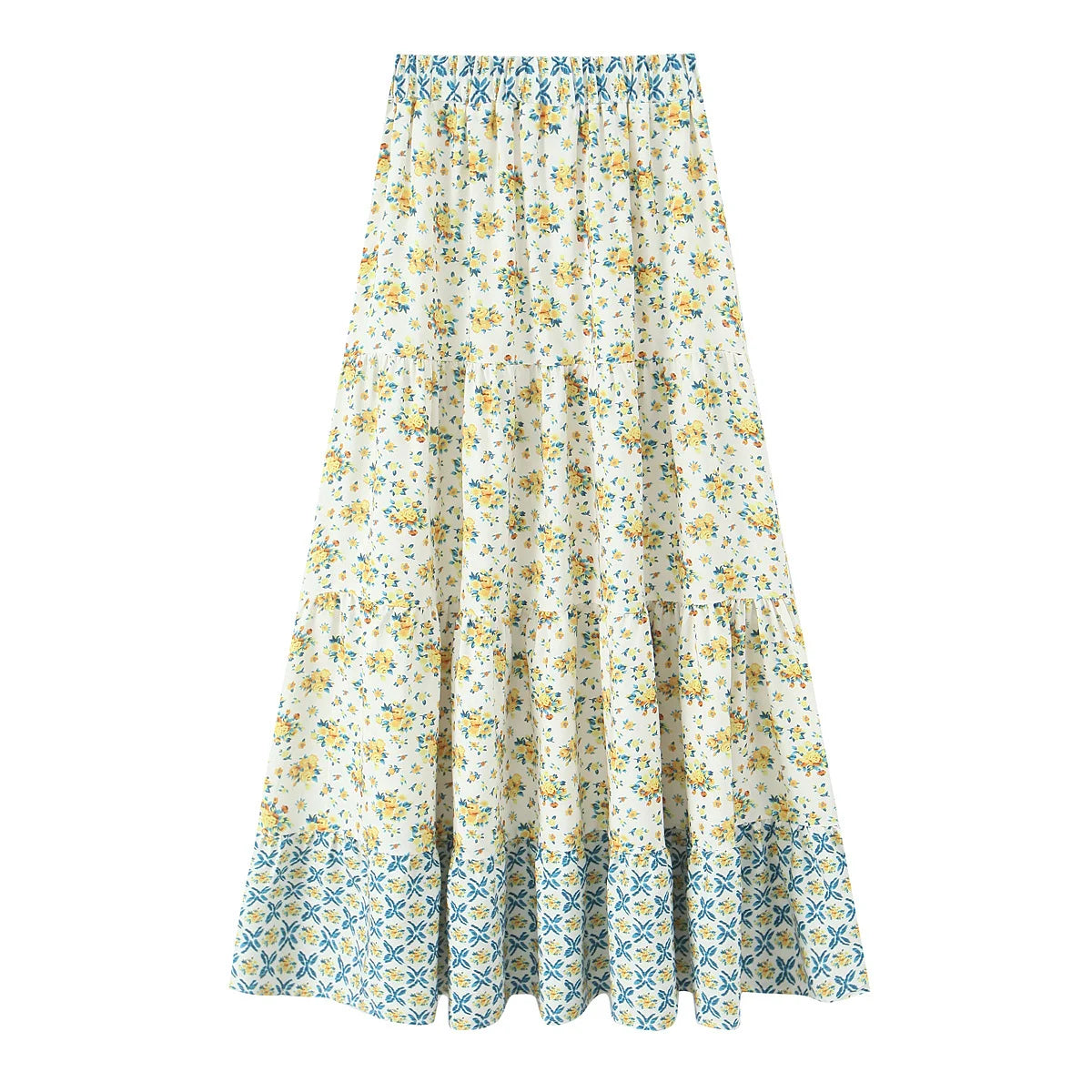 Elegant Women Holiday Wind Floral Print Tirred Ruffles Long Skirt Faldas Mujer Female Summer Elastic Waist Skirts QUN9083
