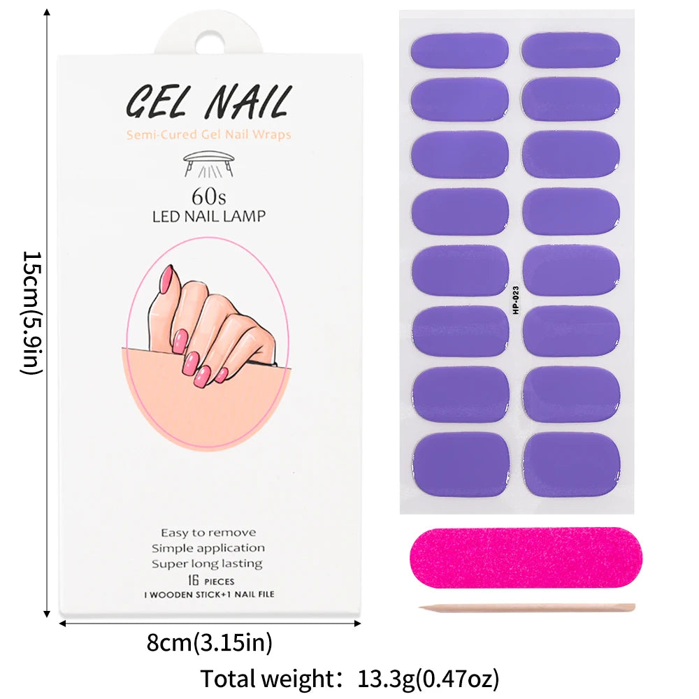 Semi-Cured Gel Nail Wraps – 16 Oval Tips with Solid Colors + File & Stick Kit