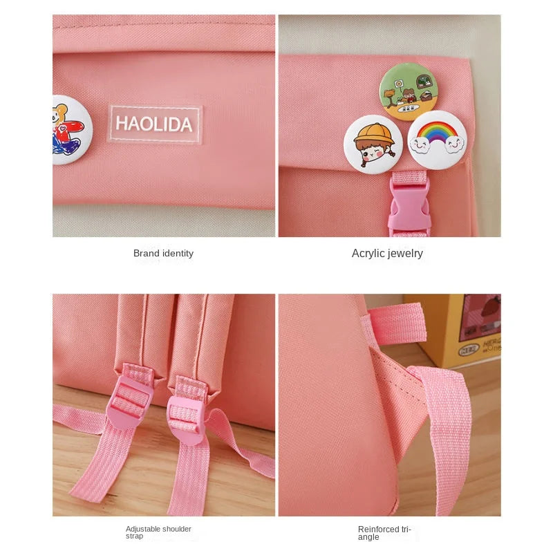 Autumn New Canvas Backpack Women's Korean Version Large Capacity Five-Piece Set Middle School Student Backpack College Student S