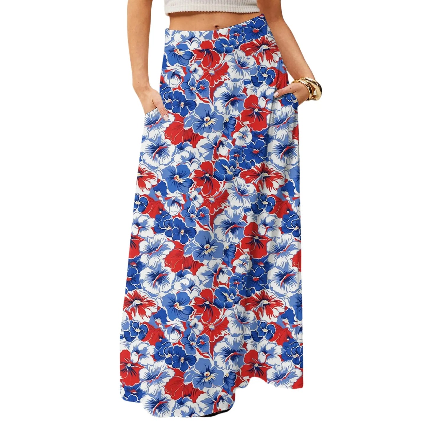 Women's Straight Skirt Casual Summer Floral Print Bohemian Skirt Flowing Maxi Skirts with pockets High waist Elastic skirt