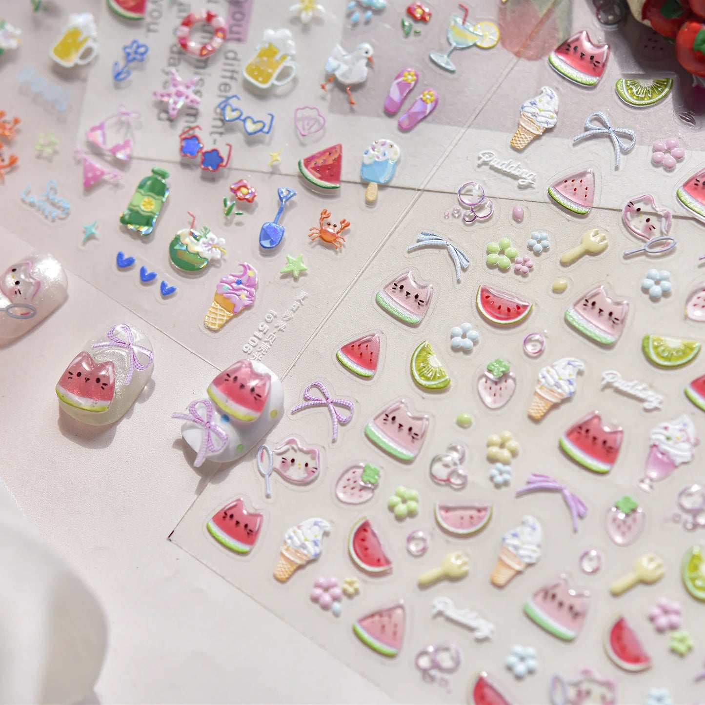 Jelly Cat Summer Fruits – Cute Watermelon & Ice Cream Nail Stickers for DIY Manicures