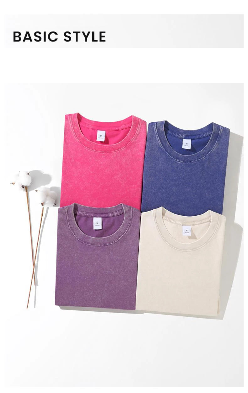 Washed Vintage T-Shirts Men's Street Hip Hop Retro Punk T Shirt Harajuku Casual 250gsm Cotton Short Sleeve Acid Wash TShirts Top