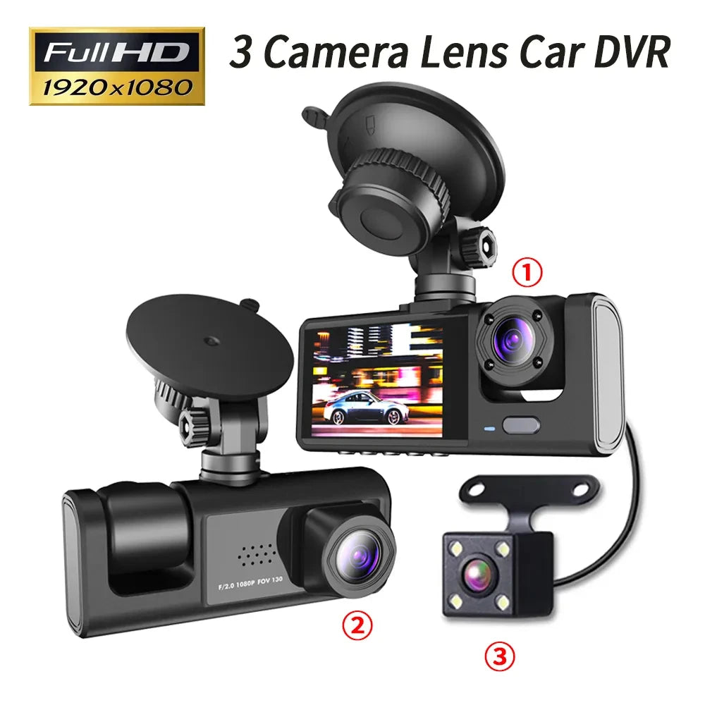 Car DVR HD 1080P tachograph 3 lens 2.0-inch IPS recorder tachograph Rearview mirror Driving recorder night vision
