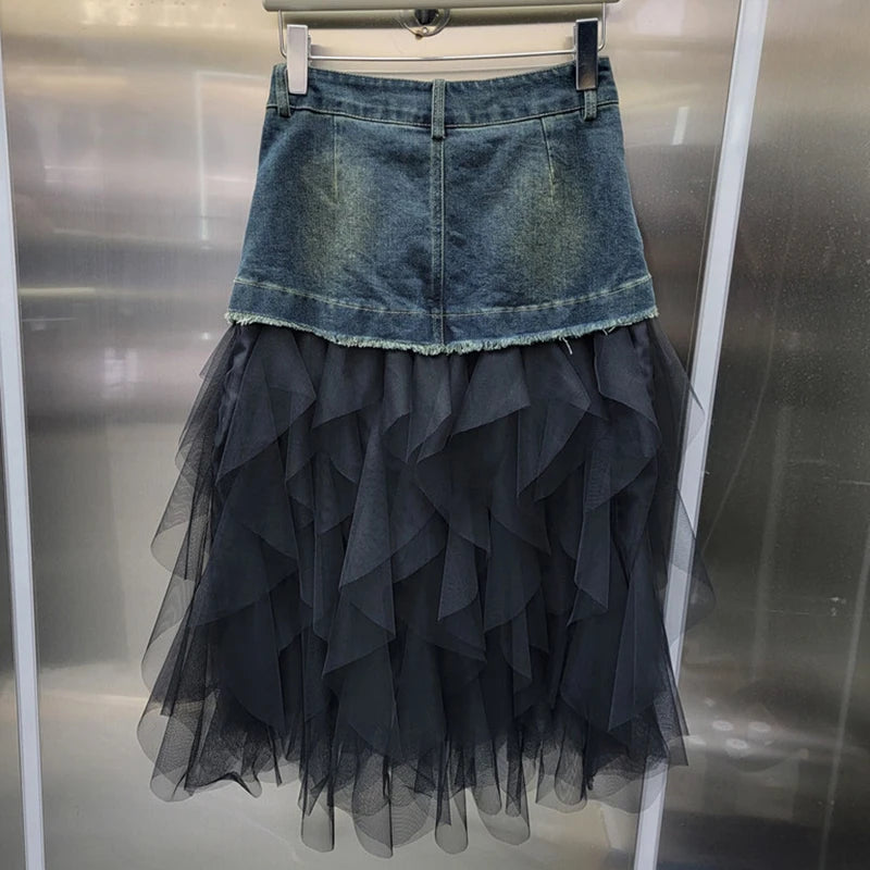 DEAT 2024 Autumn New Fashion Women's Mesh Splicing Denim Skirts High Waist A-line Irregular Long Skirt Female Trendy 33A1734