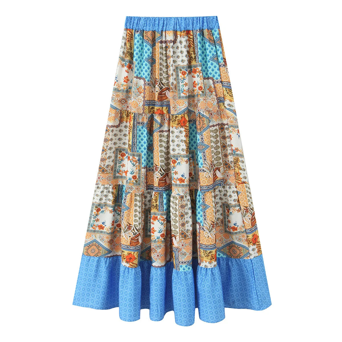 Elegant Women Holiday Wind Floral Print Tirred Ruffles Long Skirt Faldas Mujer Female Summer Elastic Waist Skirts QUN9083