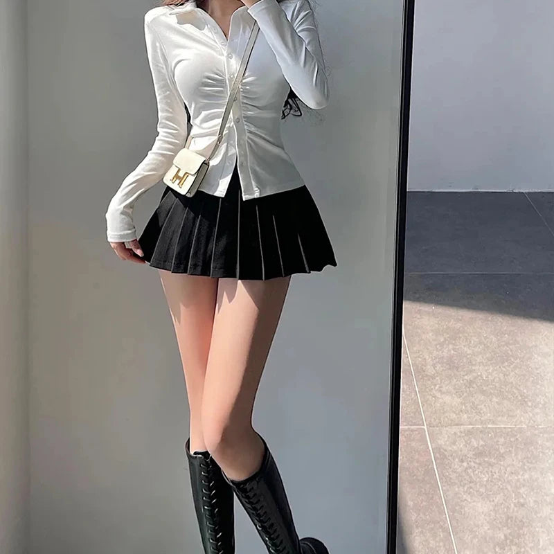ZOKI Pleated Skirt with Shorts Women Sexy High Waist Irregular White Black A-line Gyaru Tennis extreme Mini Skirt School