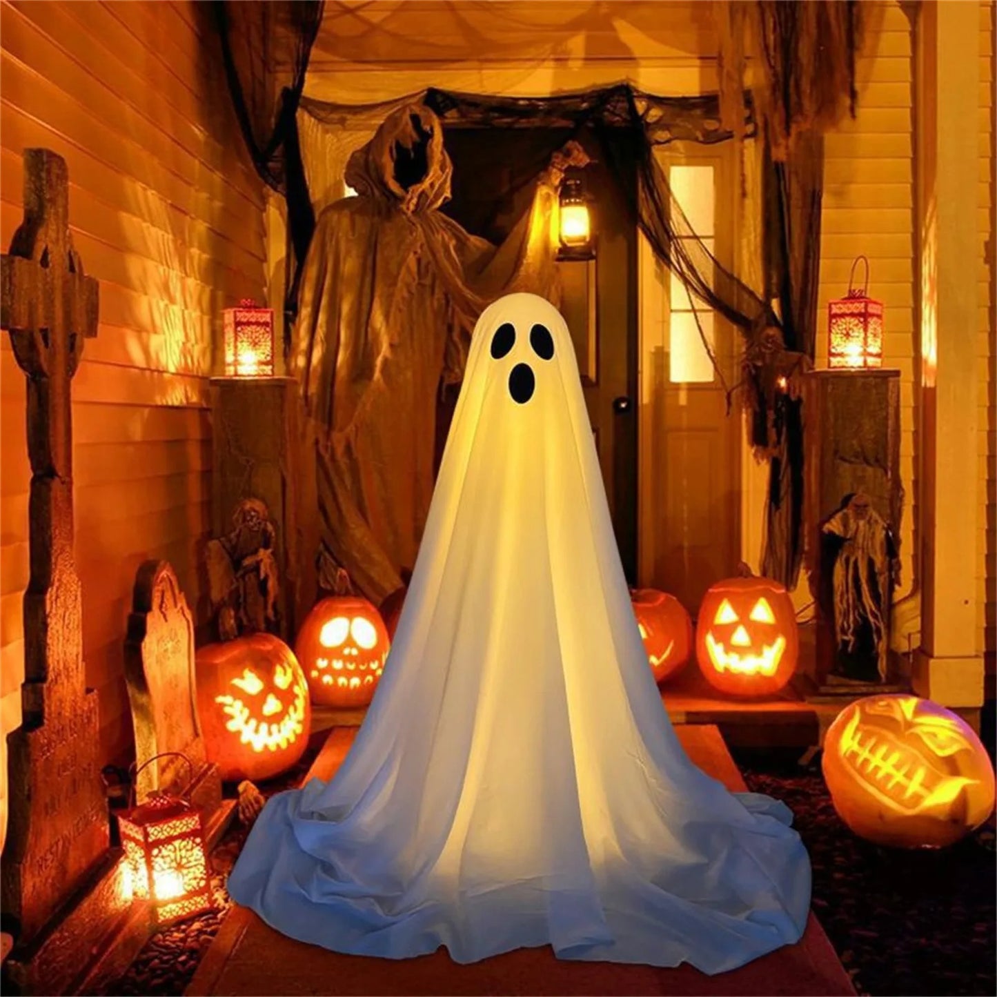 Halloween Decor Light Strings Ghosts Battery Front Porch Ghost Decorations Scary White Ghosts Stand Courtyard Halloween Decorati