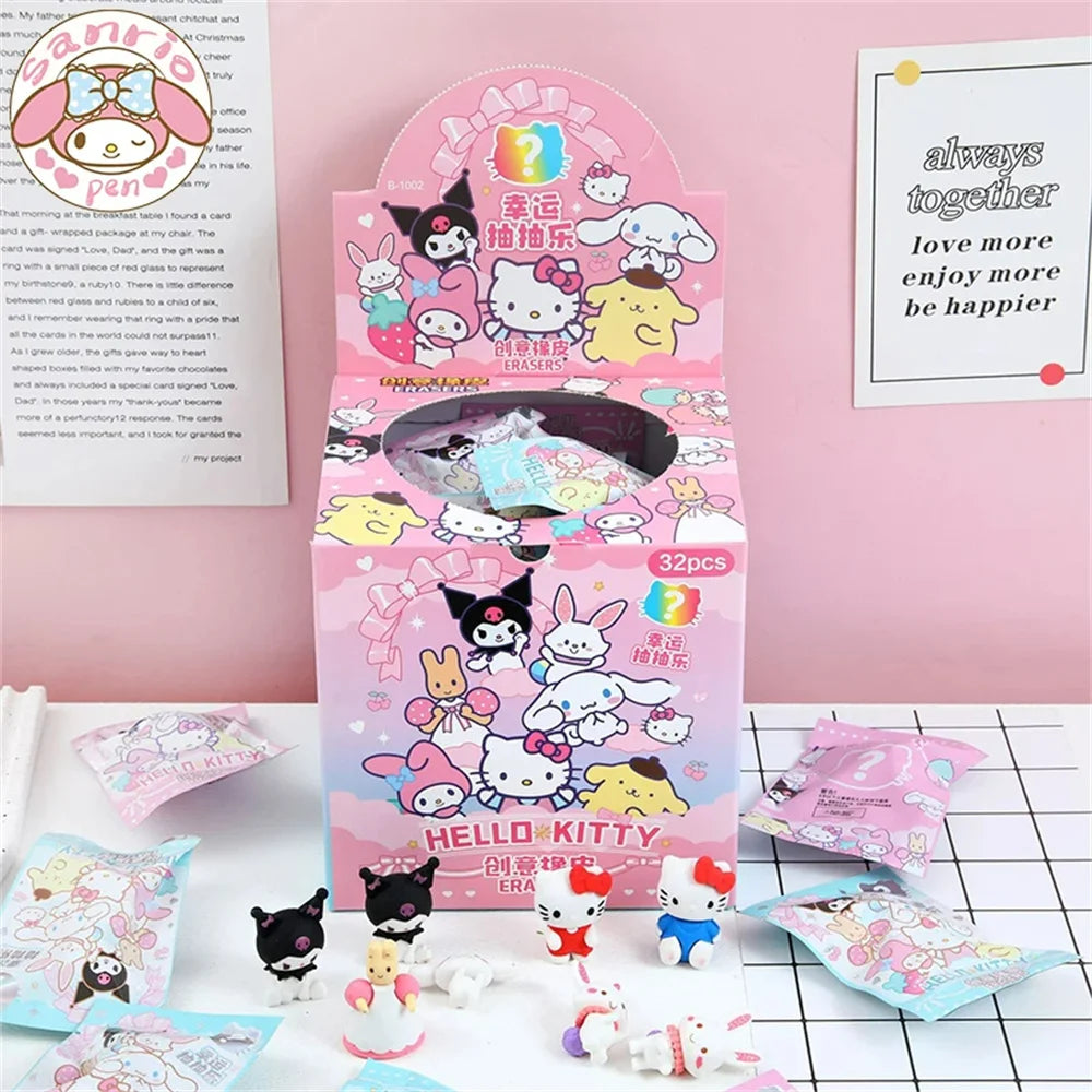 Sanrio Kawaii Eraser Set – 32pcs 3D Cartoon Rubber with Kuromi, Hello Kitty & Friends for Students & School Gift Kits