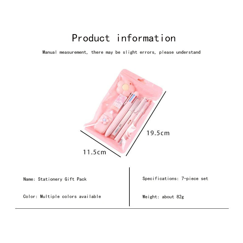 7-Piece Kawaii Korean Stationery Set – Cute Essentials for Students, Office & Study with Souvenir-Style Charm