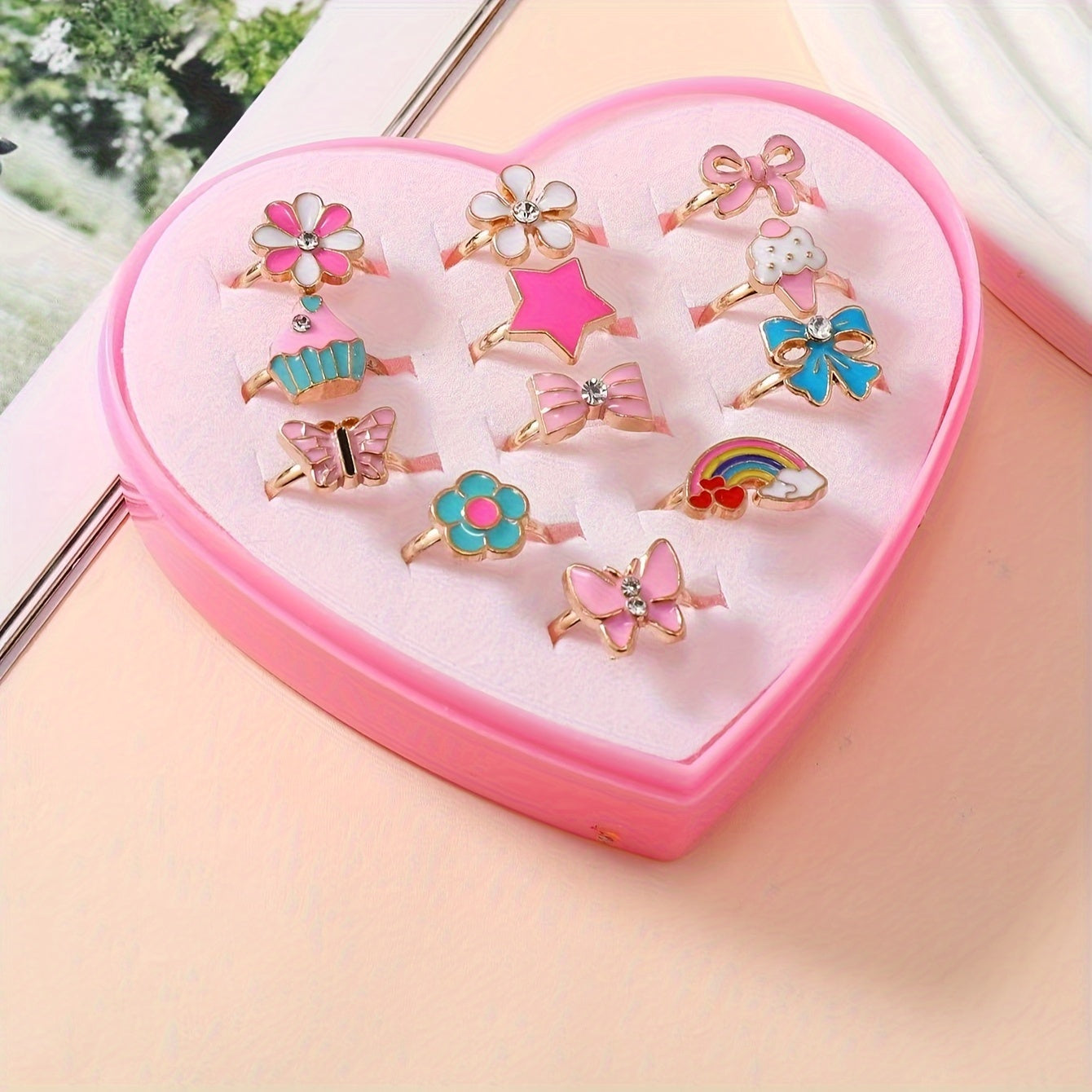 12pcs Cute Cartoon Princess Ring Set for Kids Girls, Zinc Alloy, Assorted Designs in Gift Box