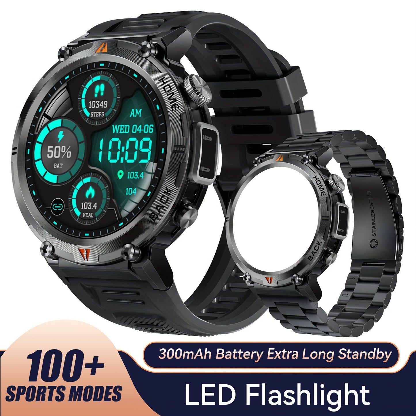1pc JELLOO Men'S Smartwatch with 360p TFT Display, 1.45" Screen, 300mAh Rechargeable Battery, 3ATM Water Resistance, Wireless 5.2, USB Charging, LED Flashlight, Pedometer, Sports Modes, Compatible with iPhone & Android - Idea
