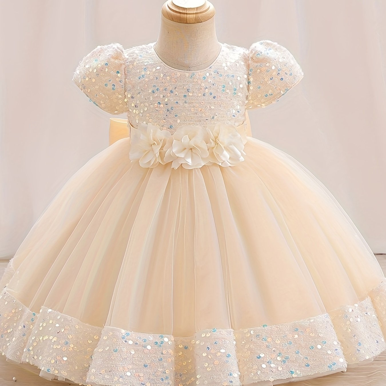 Gorgeous Sequin Flower Decor Puff Short Sleeve Tutu Dress Princess Dress Girls Kids Clothes Party Christmas
